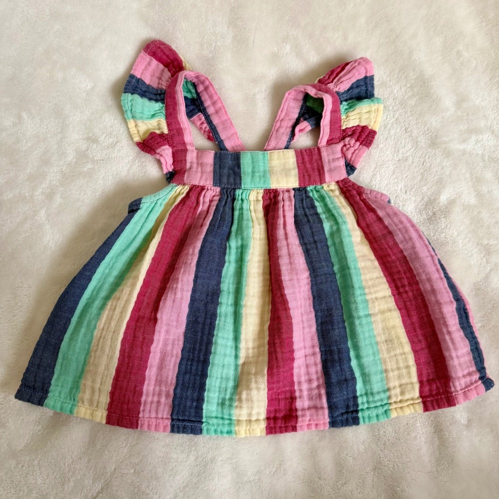 Old Navy Toddler Girl Gauze Rainbow Stripe Dress Sz 3T Flutter Strap
